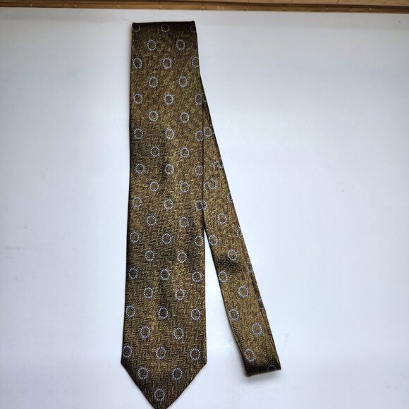 Ermenegildo Zegna Mens Neck Tie Silk Italy Gold/Brown Chevron Stripes Circles - Picture 3 of 6